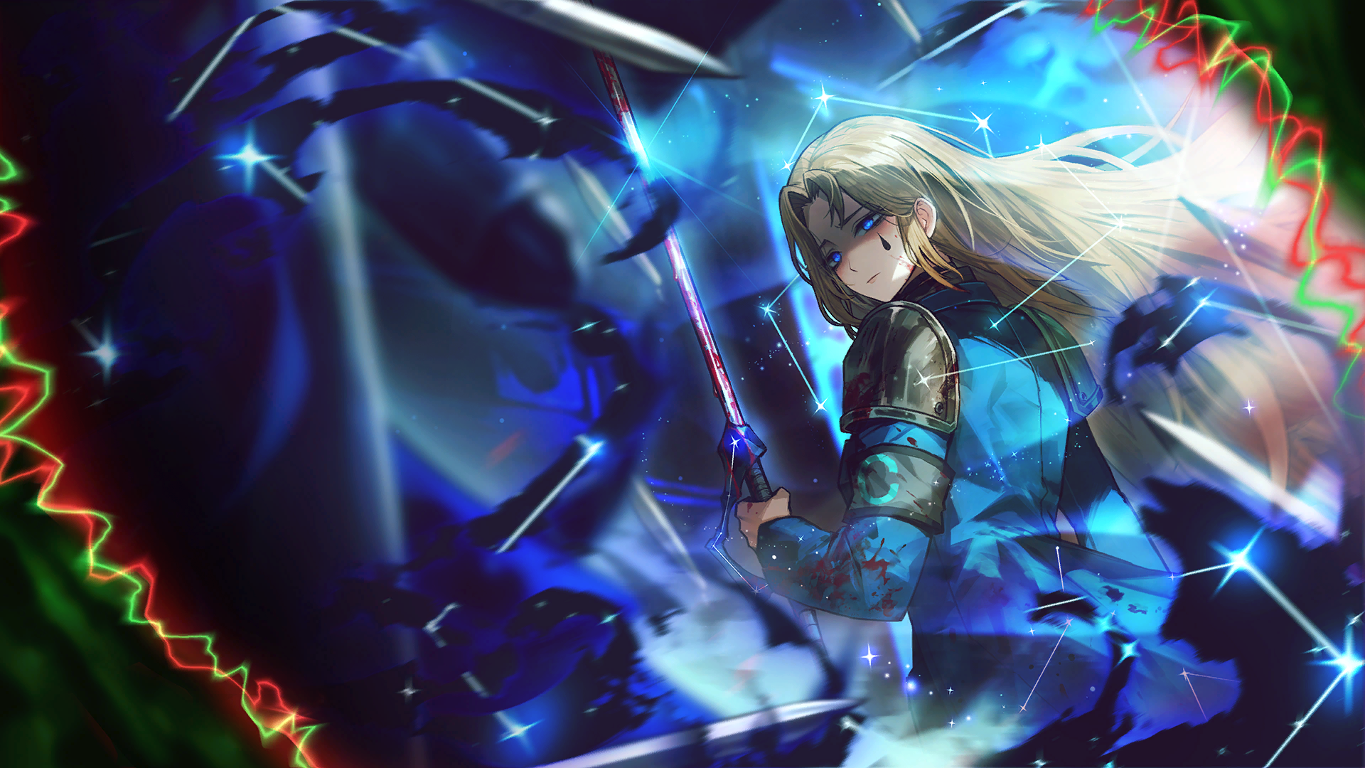 nai ga, knight of despair, rodion (project moon), limbus company, project moon, game cg, highres, official art, 2girls, armband, armor, black shirt, blood, blood on clothes, bloody weapon, blue coat, blue eyes, brown hair, choker, coat, e.g.o (project moon), facial tattoo, lobotomy corporation (identity) (project moon), long hair, multiple girls, pauldrons, sad, shirt, shoulder armor, solo focus, tattoo, the sword sharpened with tears (e.g.o), weapon