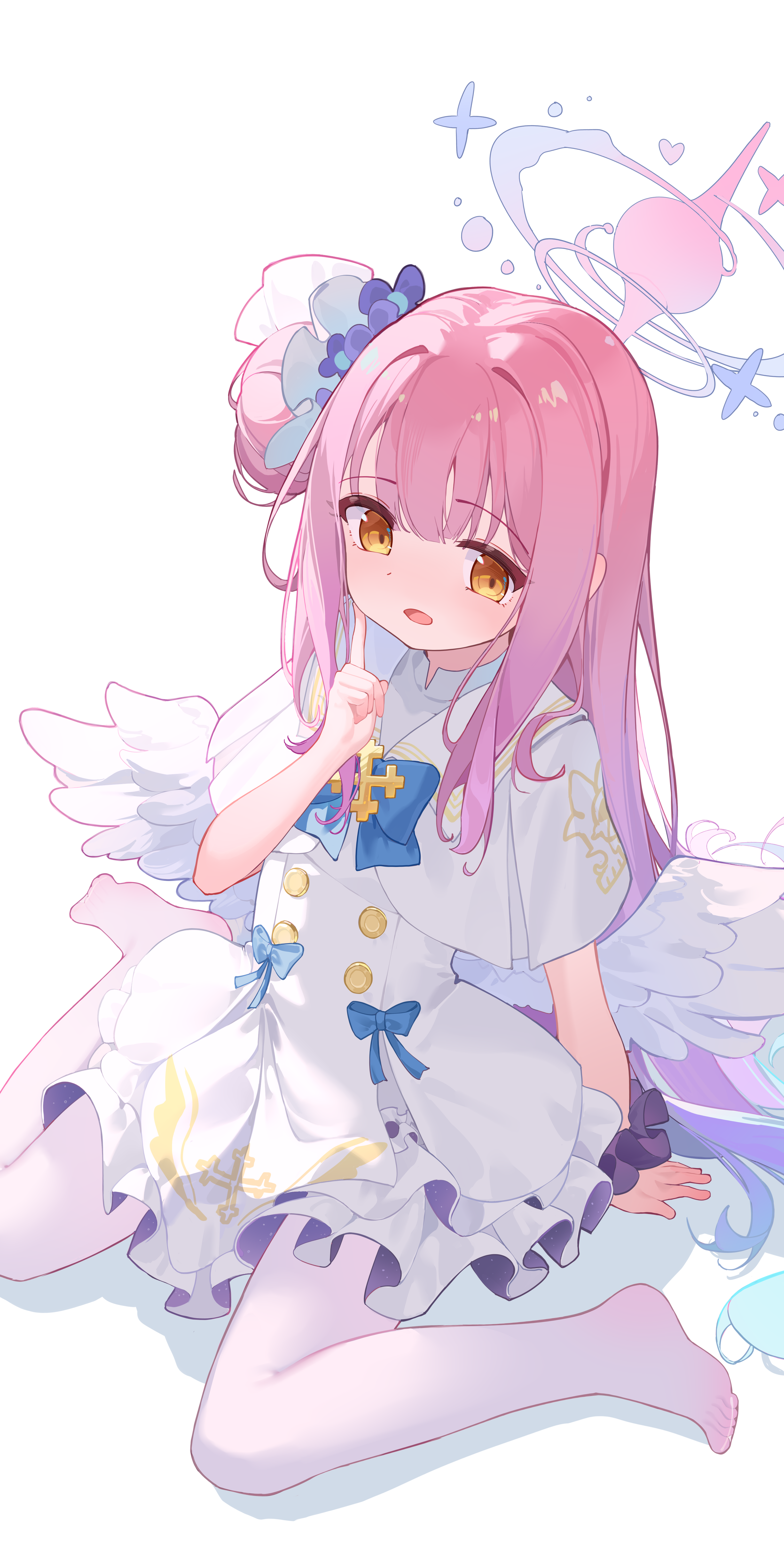 ningmeng jing jing jing jing, mika (blue archive), blue archive, absurdres, highres, 1girl, aged down, arm support, barefoot, blue hair, capelet, dress, finger to cheek, full body, gradient background, hair bun, halo, long hair, looking at viewer, no shoes, open mouth, pantyhose, pink hair, scrunchie, sidelocks, simple background, single hair bun, sitting, solo, very long hair, wariza, white background, white capelet, white dress, white pantyhose, wings, wrist scrunchie, yellow eyes