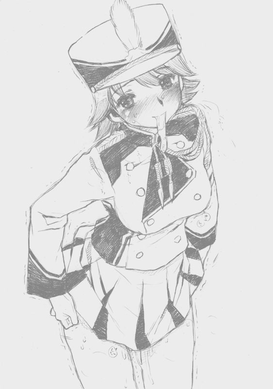 hoshii miki, idolmaster, idolmaster (classic), 00s, 1girl, band uniform, condom, condom in mouth, female focus, greyscale, hat, monochrome, mouth hold, shako cap, solo, used condom