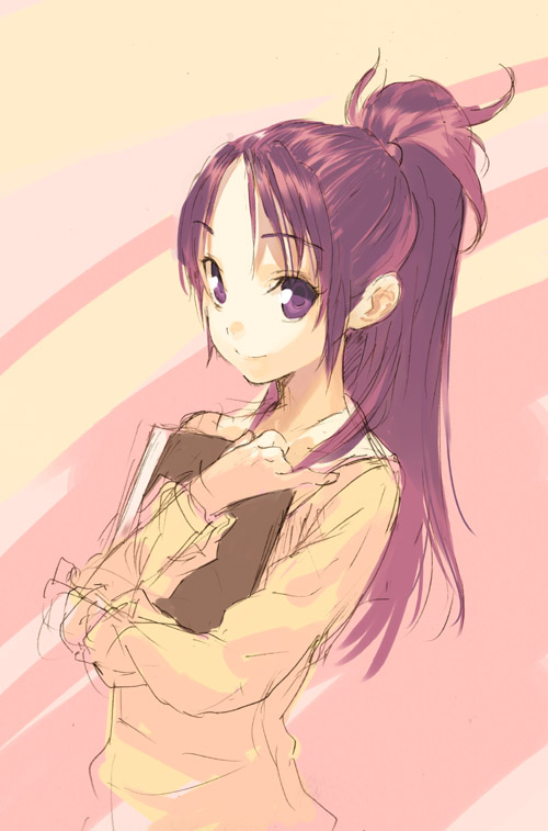 pako (pakosun), mishou mai, futari wa precure splash star, precure, 00s, 1girl, female focus, long hair, ponytail, purple eyes, school uniform, shirt, sketch, smile, solo, yuunagi middle school uniform