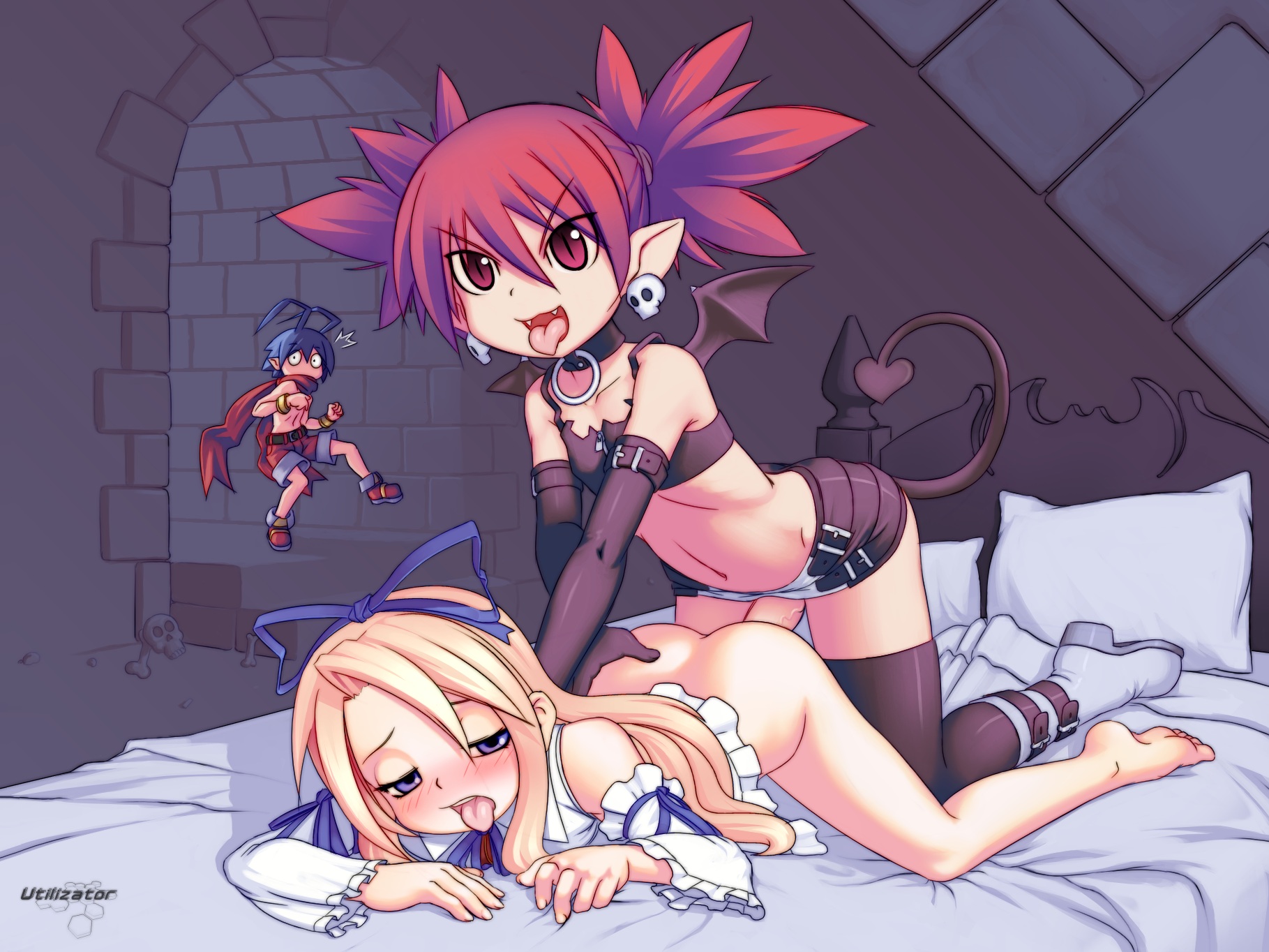 utilizator, etna (disgaea), flonne, laharl, disgaea, nippon ichi, highres, 1boy, 1futa, 1girl, ^^^, ass, bad anatomy, barefoot, bed, blonde hair, blue hair, blush, boots, bottomless, choker, demon tail, demon wings, detached sleeves, doggystyle, elbow gloves, fangs, flat chest, futa with female, futanari, gloves, loli, miniskirt, open mouth, penis, pointy ears, red eyes, red hair, red shorts, sex, sex from behind, shorts, skirt, spiked hair, tail, thighhighs, tongue, uncensored, vaginal, wings