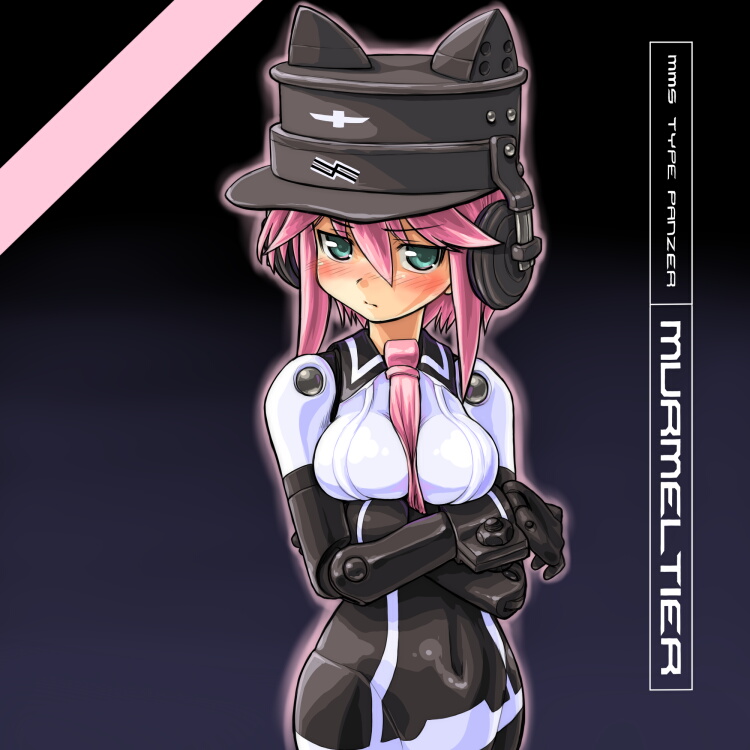 dd (ijigendd), murmeltier, busou shinki, bad id, bad pixiv id, 10s, blush, character name, doll joints, green eyes, hat, headphones, joints, necktie, pink hair, solo