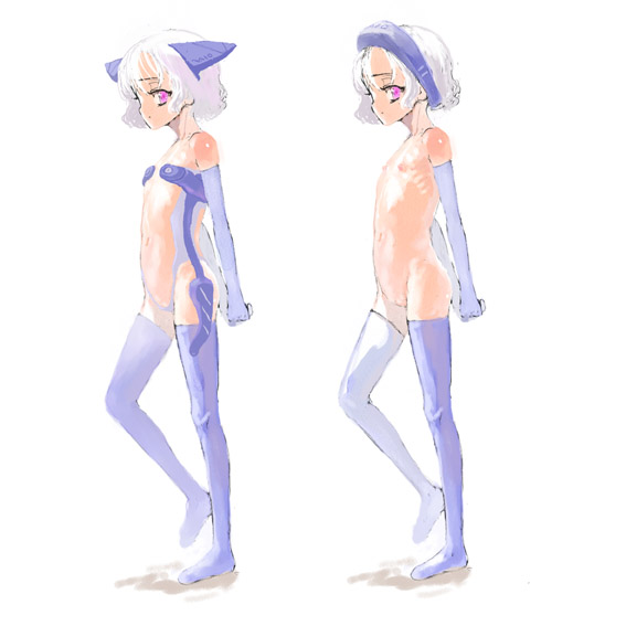 sasahara yuuki, copyright request, 1girl, elbow gloves, flat chest, gloves, loli, no panties, thighhighs, topless female, white hair