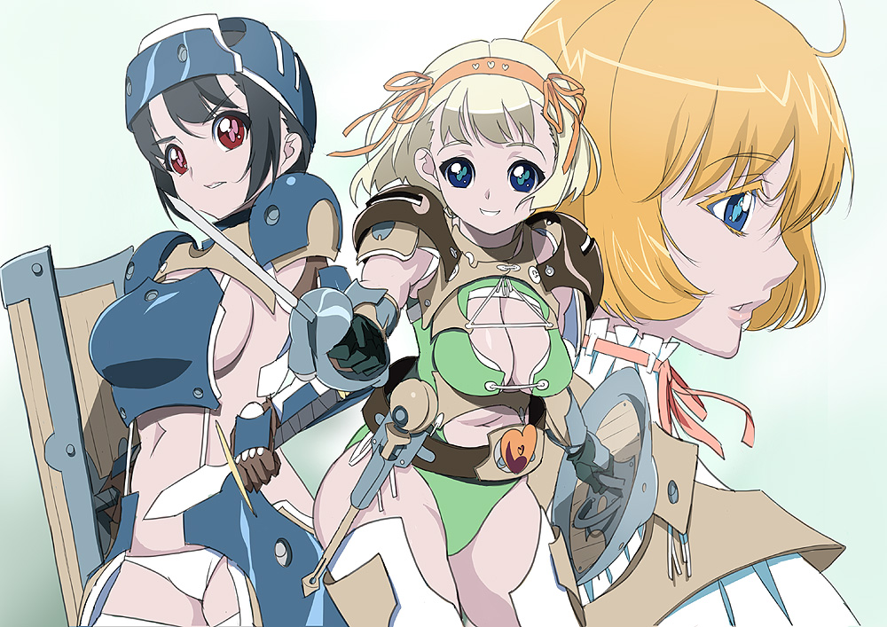 kawasaki kazuhiko, 3girls, ahoge, armor, belt, black hair, blonde hair, blue eyes, breasts, cleavage, dagger, eyeshadow, fantasy, gloves, hairband, heart, helm, helmet, knife, large breasts, leotard, makeup, midriff, multiple girls, no bra, panties, profile, red eyes, ribbon, saber (weapon), shield, short hair, sideboob, smile, standing, sword, thighhighs, turtleneck, underwear, weapon, white panties, white thighhighs
