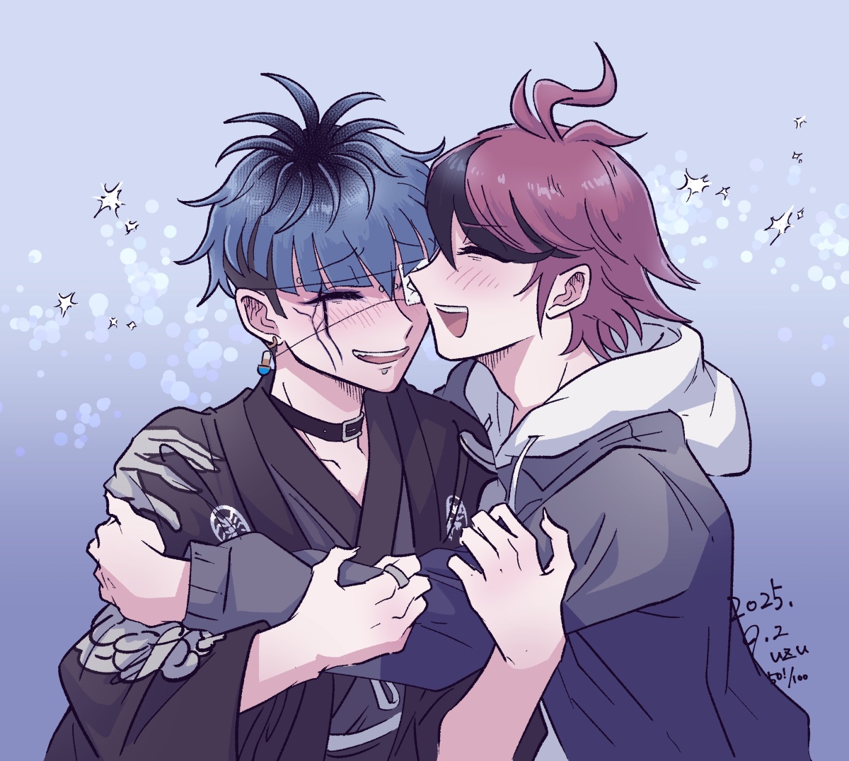 uzu (uzusio55), omokage yugamu, sumino takumi, the hundred line -last defense academy-, commentary request, 2boys, :d, ahoge, black choker, black hair, black haori, black streaks, blue background, blue hair, blurry, blush, bokeh, choker, closed eyes, dated, depth of field, earrings, eyepatch, face piercing, facial mark, grey jacket, grey kimono, haori, hood, hoodie, hug, jacket, japanese clothes, jewelry, kimono, labret piercing, male focus, multicolored hair, multiple boys, open mouth, piercing, print eyepatch, red hair, short hair, signature, smile, streaked hair, teeth, upper teeth only, white hoodie, yaoi