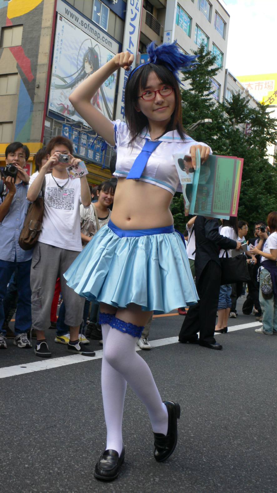 highres, photo (medium), asian, brown hair, camera, cosplay, glasses, midriff, navel, necktie, skirt, sleeveless, smile, thighhighs