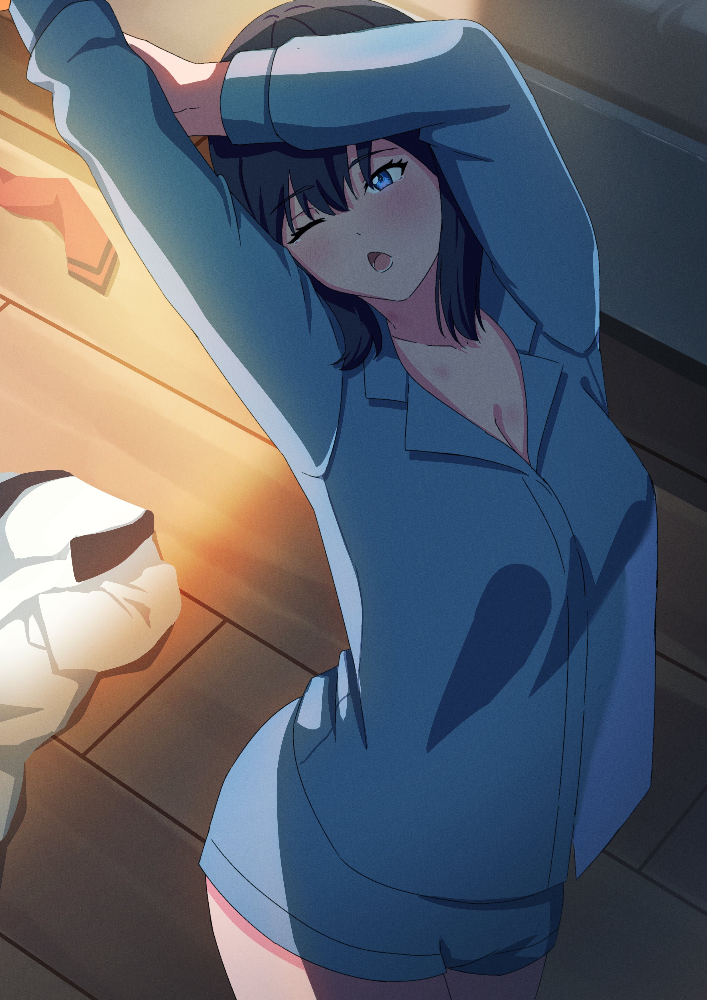 banana88, takarada rikka, gridman universe, ssss.gridman, absurdres, highres, 1girl, arms up, black hair, blue eyes, blue pajamas, breasts, cleavage, clothes on floor, hair between eyes, hand on own arm, long sleeves, medium breasts, medium hair, necktie, on floor, open mouth, pajamas, red necktie, see-through clothes, see-through shirt, shadow, shirt, short shorts, shorts, solo, stretching, thighs, white shirt, wooden floor, yawning