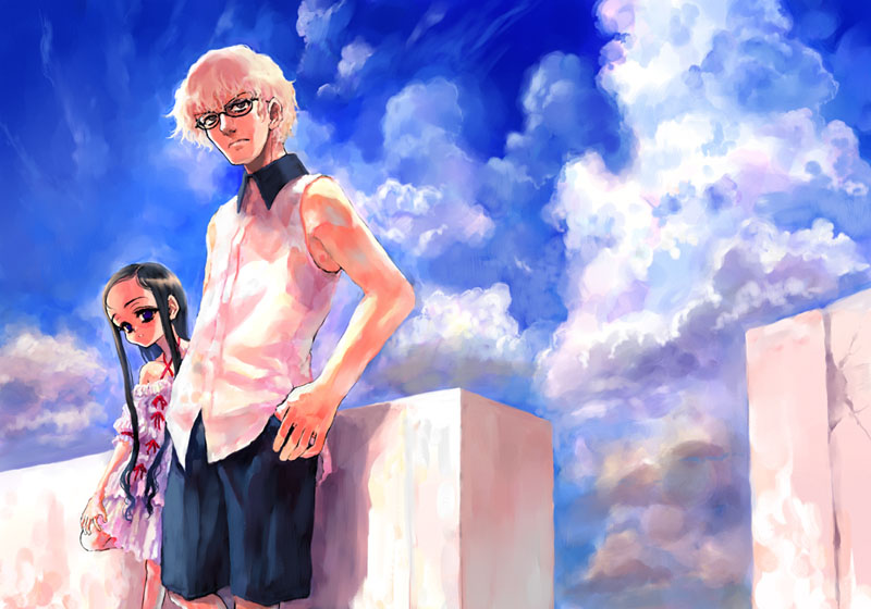 sasahara yuuki, 1boy, 1girl, black hair, blonde hair, blue eyes, cloud, day, dress, glasses, long hair, shirt, shorts, sky, sleeveless, sleeveless shirt