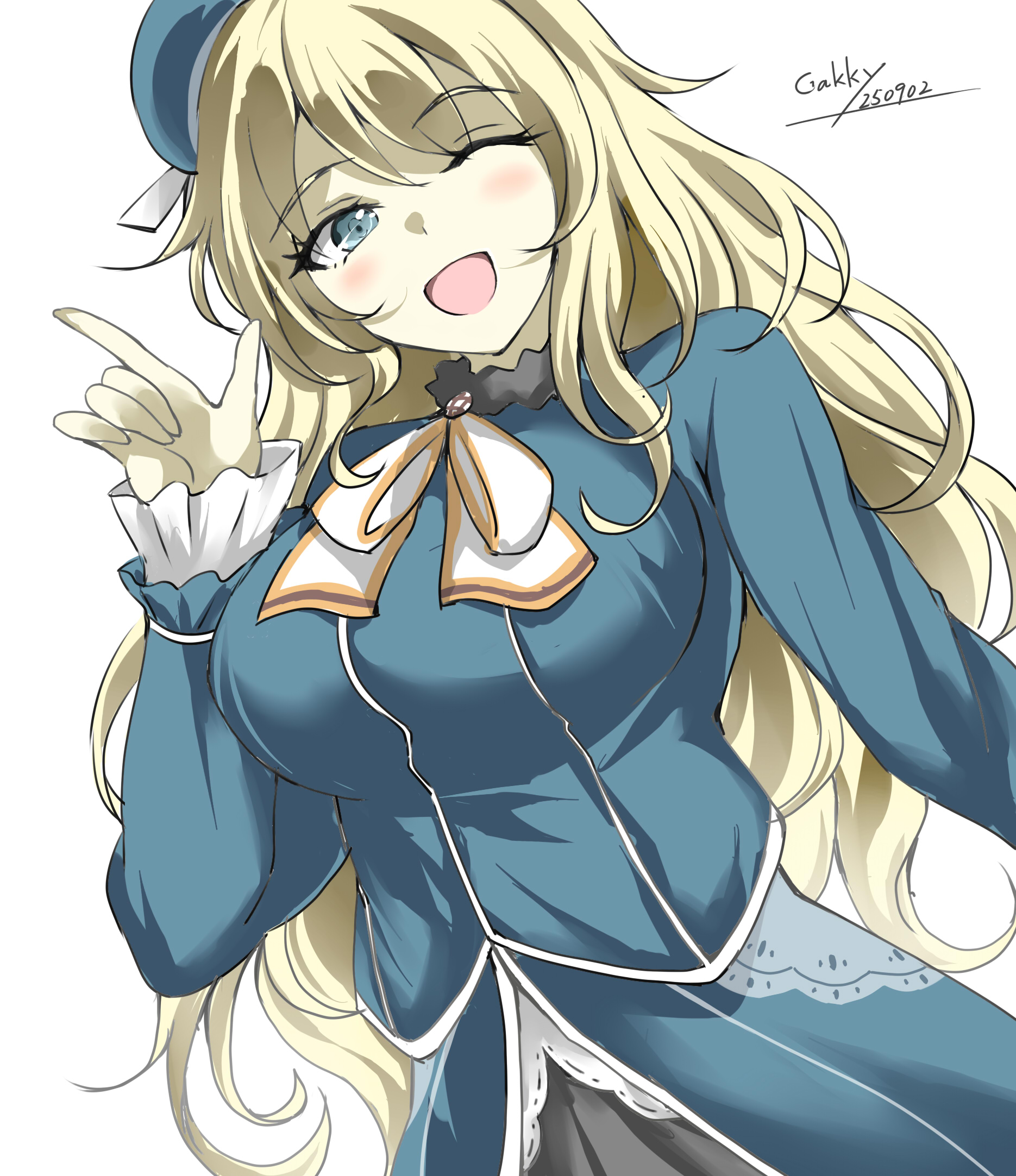 gakky, atago (kancolle), kantai collection, highres, 1girl, artist name, black skirt, blonde hair, blue jacket, blush, breasts, dated, dutch angle, green eyes, hat, jacket, large breasts, long hair, looking at viewer, military uniform, one-hour drawing challenge, one eye closed, open mouth, skirt, smile, solo, upper body, white background