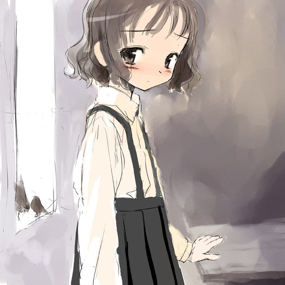 sasahara yuuki, original, 1girl, bird, blush, brown eyes, brown hair, dress, female focus, indoors, long sleeves, looking at viewer, pleated skirt, room, shirt, short hair, sketch, skirt, solo, suspender skirt, suspenders, table, wavy hair, window