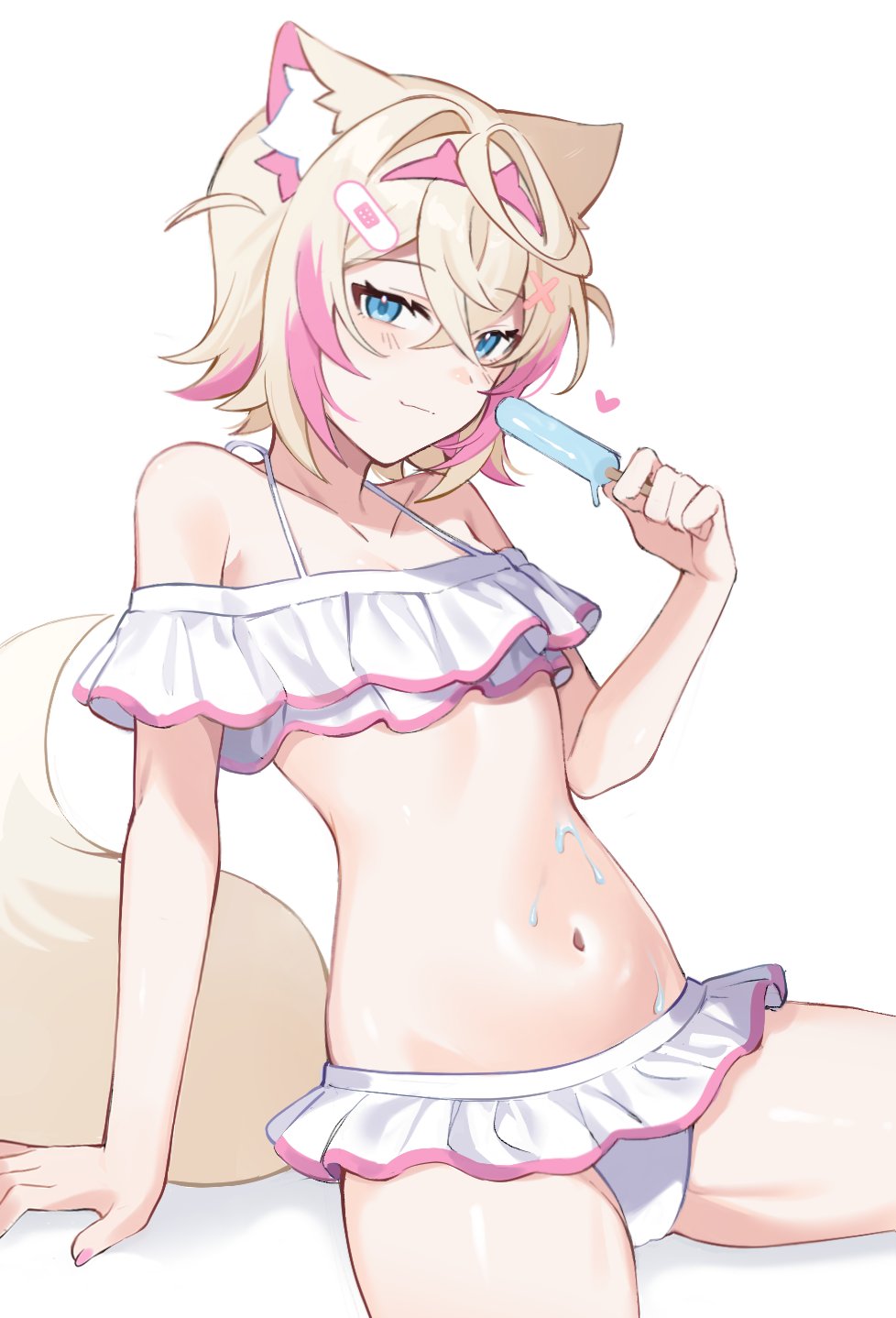 alonekm, mococo abyssgard, hololive, hololive english, commentary, english commentary, highres, 1girl, animal ear fluff, animal ears, bikini, blonde hair, blue eyes, blush, breasts, dog ears, dog girl, dog tail, food, heart, holding, holding food, holding popsicle, looking at viewer, melting popsicle, multicolored hair, navel, pink hair, popsicle, short hair, small breasts, streaked hair, swimsuit, tail, thighs, virtual youtuber, white background, white bikini