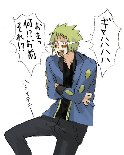 volkner (pokemon), nintendo, pokemon, lowres, translated, 1boy, gym leader, laughing, male focus, oekaki, simple background, solo, white background