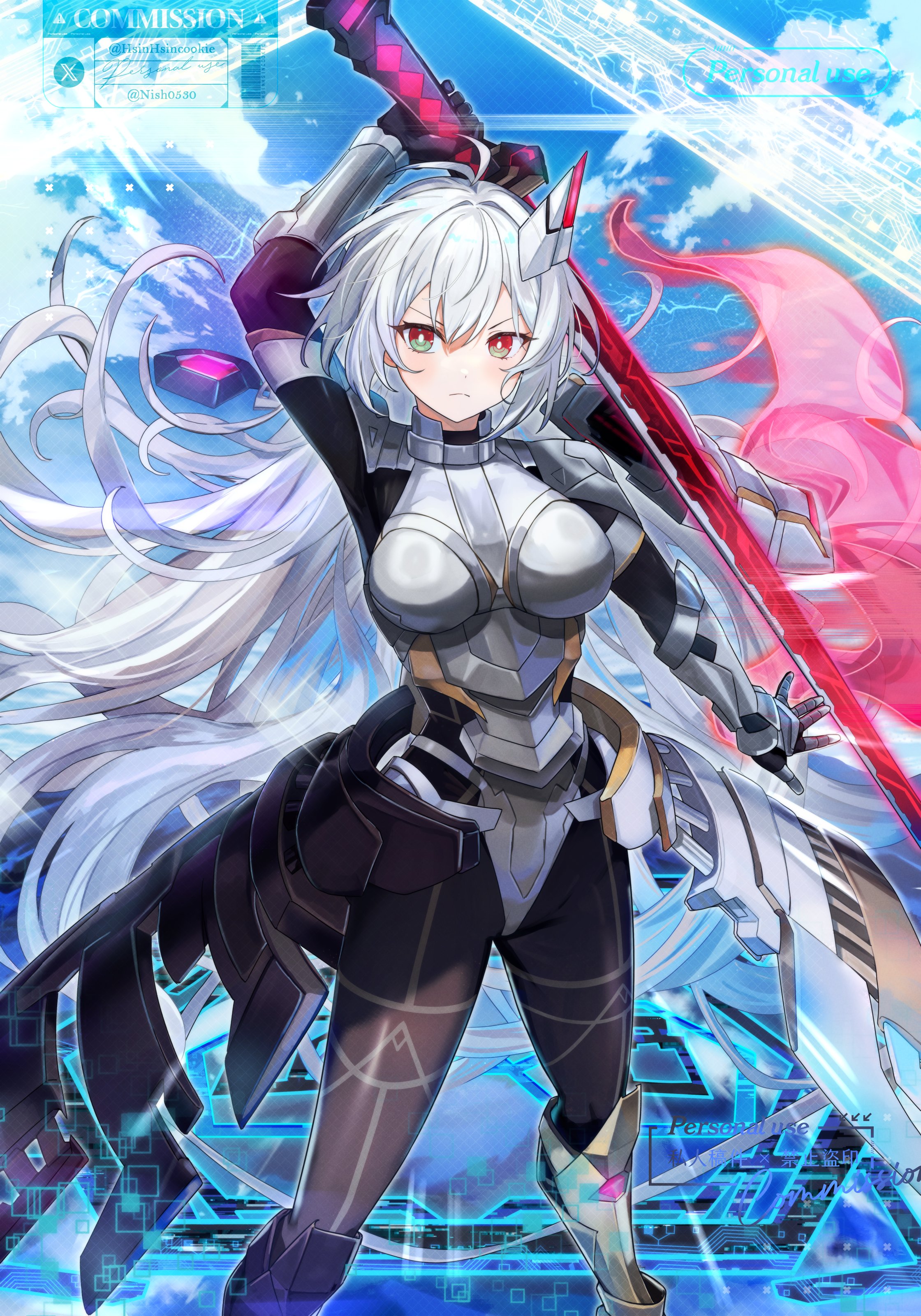 hsin, sky striker ace – zero, yu-gi-oh!, absurdres, commentary request, commission, highres, mixed-language commentary, 1girl, arm armor, armor, bodysuit, breasts, duel monster, fusion dance, green eyes, hair between eyes, hair ornament, hand on blade, holding, holding sword, holding weapon, impossible bodysuit, impossible clothes, katana, long hair, looking at viewer, medium breasts, orange eyes, simple background, solo, sword, techwear, weapon, white armor, white hair