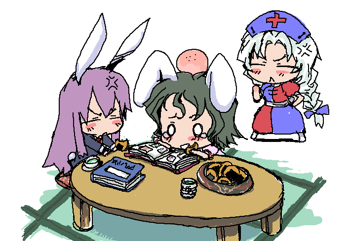 baku taso, itigekimaru, inaba tewi, reisen udongein inaba, yagokoro eirin, touhou, 3girls, :<, anger vein, animal ears, blush, chibi, female focus, food, multiple girls, o o, rabbit ears, ribbon, senbei, table, tatami, tea