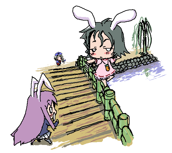 baku taso, itigekimaru, inaba tewi, reisen udongein inaba, yagokoro eirin, touhou, 3girls, animal ears, chibi, female focus, multiple girls, outdoors, plant, rabbit ears, water