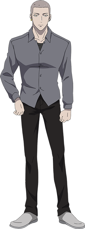 tanino miho, tower of god, official art, 1boy, anime coloring, black pants, black shirt, clenched hands, closed mouth, collarbone, collared shirt, earrings, full body, grey hair, grey shirt, hon akraptor, jewelry, long sleeves, looking at viewer, male focus, orange eyes, pants, shirt, shoes, short hair, simple background, solo, standing, tachi-e, transparent background, untucked shirt, very short hair, white shoes