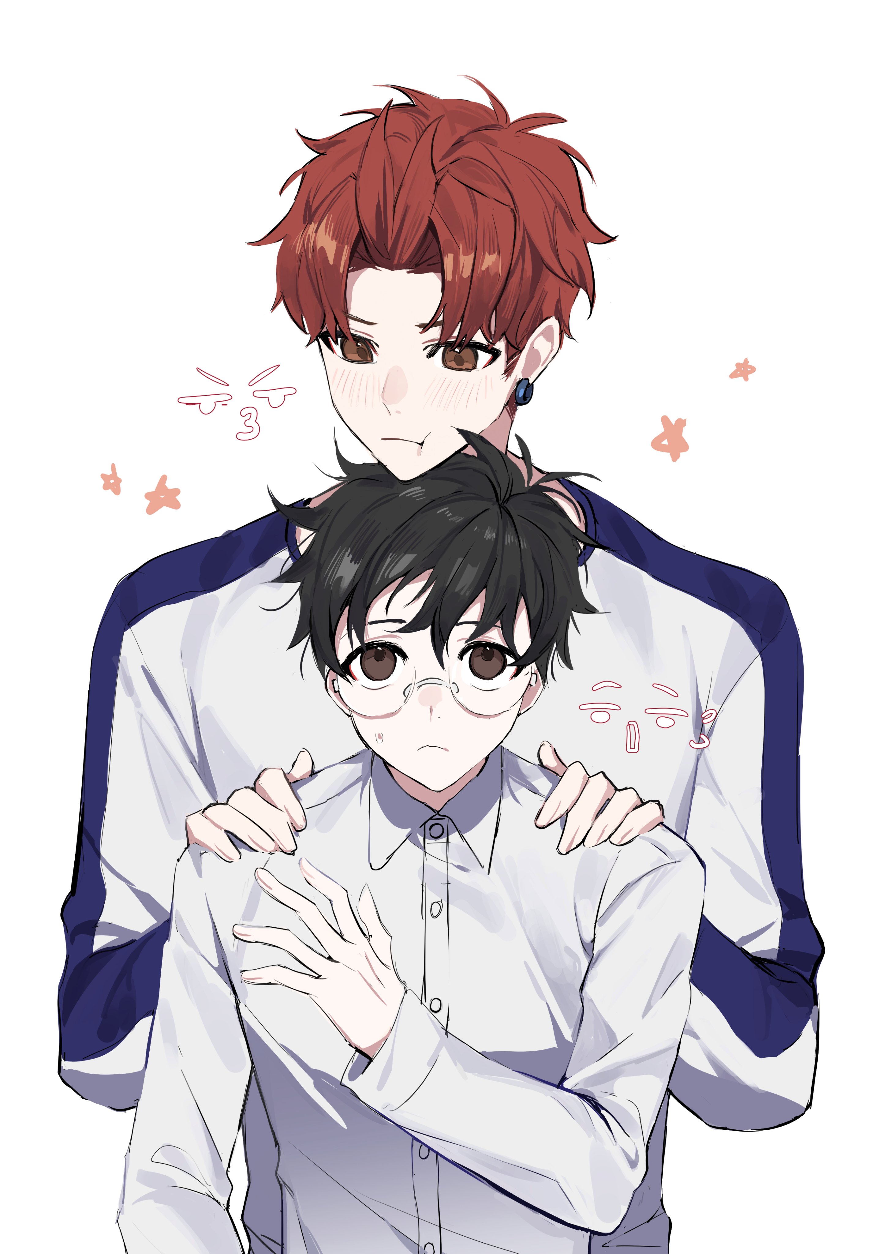 enjoji jin, takakura ken (dandadan), dandadan, absurdres, commentary request, highres, 00ichigoovo00, 2boys, black hair, brown hair, closed mouth, collared shirt, earrings, glasses, hands on another's shoulders, heads together, height difference, jewelry, long sleeves, looking at another, looking down, looking up, male focus, multiple boys, red hair, round eyewear, shirt, short hair, simple background, star (symbol), straight-on, sweatdrop, upper body, white background, white shirt