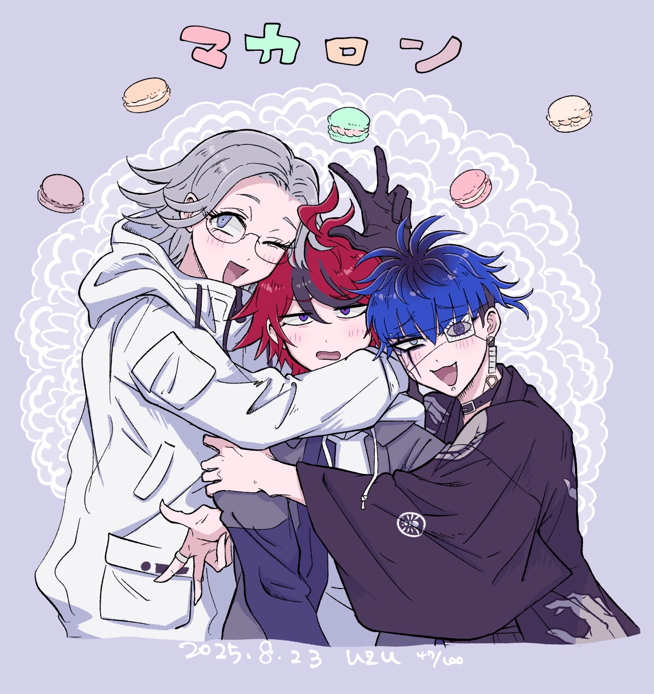 uzu (uzusio55), aotsuki eito, omokage yugamu, sumino takumi, the hundred line -last defense academy-, commentary request, highres, translated, 3boys, ahoge, animal print, black gloves, black hair, black haori, black streaks, blue eyes, blue hair, blue jacket, boy sandwich, dated, earrings, eye print, eyepatch, face piercing, facial mark, food, glasses, gloves, grey hair, grey jacket, group hug, haori, hood, hoodie, hug, jacket, jacket over hoodie, japanese clothes, jewelry, labret piercing, light blush, looking at viewer, macaron, male focus, multicolored hair, multicolored jacket, multiple boys, one eye closed, piercing, print eyepatch, purple background, purple eyes, red hair, ring, ringed eyes, sandwiched, short hair, smile, spider print, streaked hair, two-tone jacket, white hoodie, white jacket