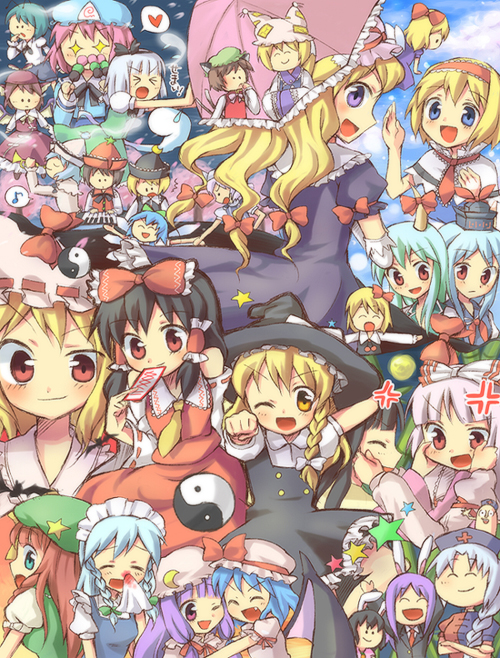 kuguri oimo, alice margatroid, chen, cirno, ex-keine, flandre scarlet, fujiwara no mokou, hakurei reimu, hong meiling, houraisan kaguya, inaba tewi, izayoi sakuya, kamishirasawa keine, kirisame marisa, konpaku youmu, konpaku youmu (ghost), letty whiterock, lunasa prismriver, lyrica prismriver, merlin prismriver, mystia lorelei, patchouli knowledge, reisen udongein inaba, remilia scarlet, rumia, saigyouji yuyuko, shanghai doll, wriggle nightbug, yagokoro eirin, yakumo ran, yakumo yukari, touhou, silver hair, bad id, bad pixiv id, > <, 6+girls, angry, animal ears, antennae, black hair, blonde hair, blood, blue eyes, blue hair, bow, braid, brown hair, carrot, cat ears, cat girl, cat tail, closed eyes, crescent, detached sleeves, doll, everyone, fairy wings, female focus, food, fox tail, ghost, green eyes, green hair, hair bow, hairband, hat, heart, hitodama, horns, ice, instrument, japanese clothes, keyboard (instrument), moon, multiple girls, multiple tails, nosebleed, ofuda, open mouth, pink hair, purple eyes, purple hair, rabbit ears, red eyes, red hair, ribbon, smile, star (symbol), sweatdrop, tail, trumpet, umbrella, wings, yin yang