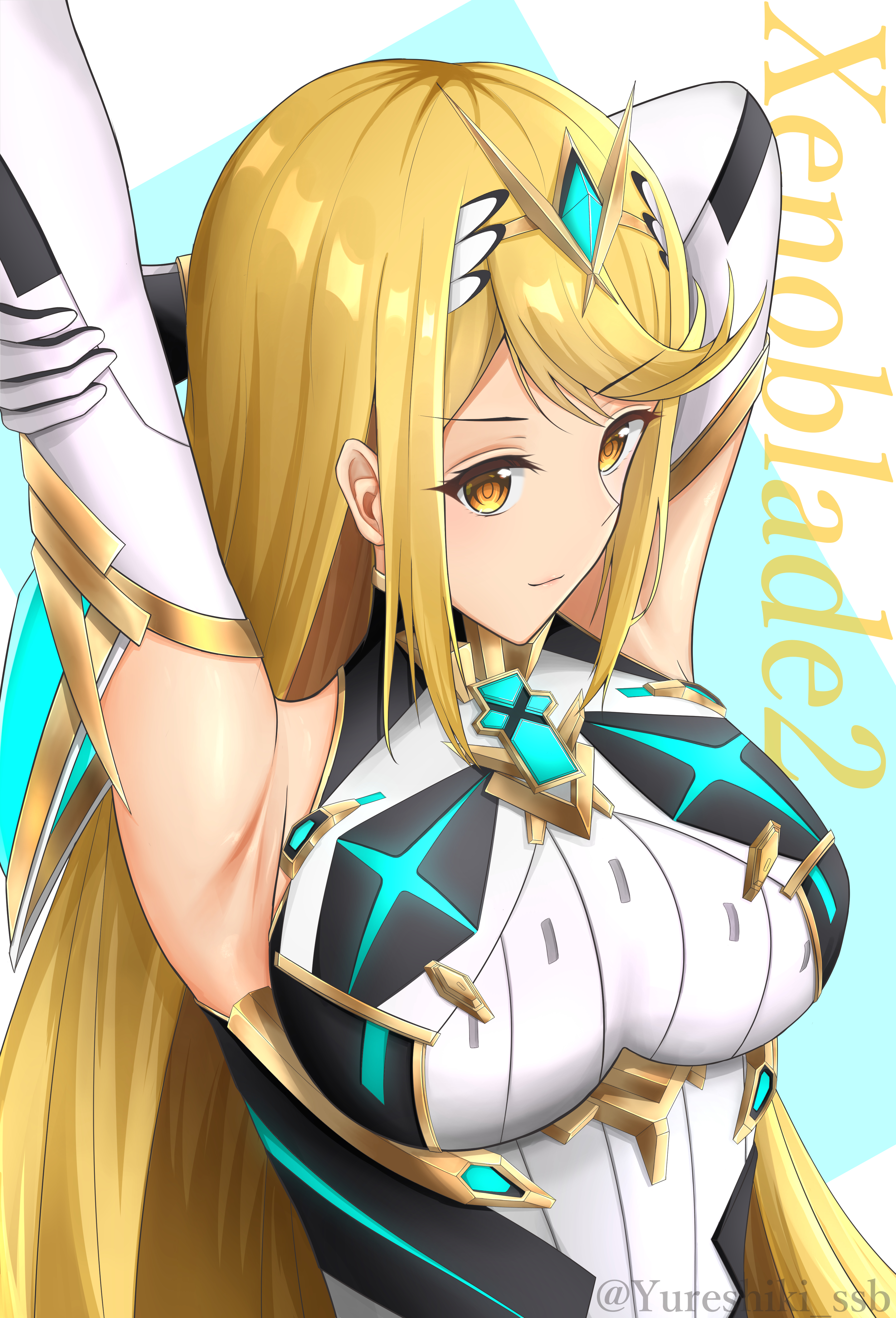 yureshiki ssb, mythra (massive melee) (xenoblade), mythra (xenoblade), xenoblade chronicles (series), xenoblade chronicles 2, absurdres, highres, 1girl, arms up, bare shoulders, blonde hair, breasts, chest jewel, copyright name, dress, earrings, elbow gloves, floating earrings, gloves, hand on own arm, jewelry, large breasts, long hair, microdress, neon trim, solo, swept bangs, tiara, upper body, very long hair, white dress, white gloves, yellow eyes