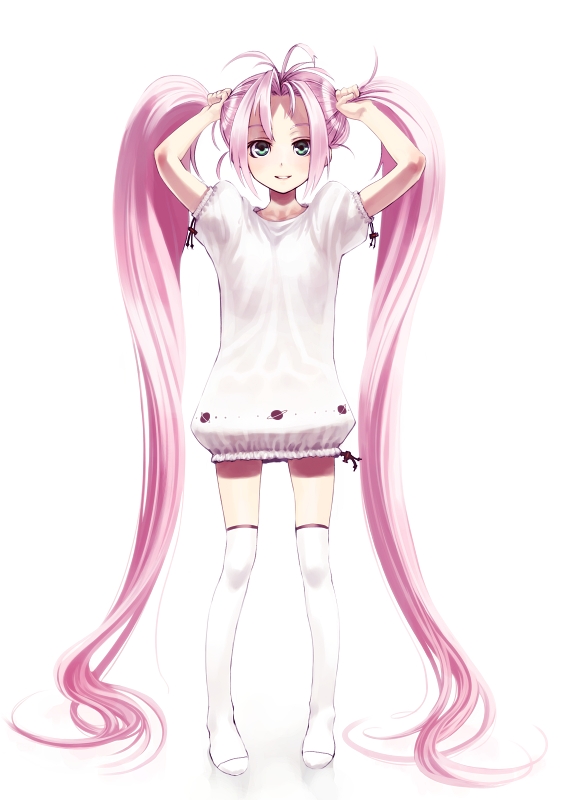 shimotsuki eight, original, bad id, bad pixiv id, absurdly long hair, antenna hair, dress, flat chest, green eyes, kneehighs, long hair, pink hair, puffy dress, sau kamishimo, simple background, smile, socks, solo, standing, thighhighs, twintails, very long hair, white background, white socks, white thighhighs