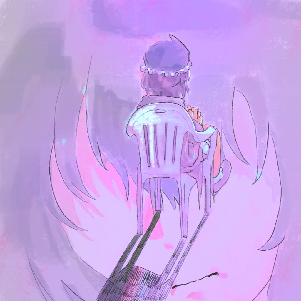 merry 765, shitodo kuroji, len'en, 1other, bare legs, boots, chair, coattails, feathers, frilled headwear, frilled shorts, frills, from behind, full body, hat, hood, hood down, hooded jacket, jacket, long sleeves, mob cap, on chair, own hands together, puffy shorts, purple background, purple boots, purple hair, purple hat, purple jacket, purple theme, shadow, short hair, shorts, sitting, socks, solo, triangular headpiece, white shorts, white socks