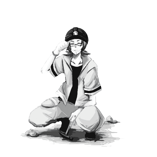 roark (pokemon), nintendo, pokemon, pokemon dppt, 00s, 1boy, greyscale, gym leader, helmet, male focus, monochrome, simple background, solo, squatting, white background