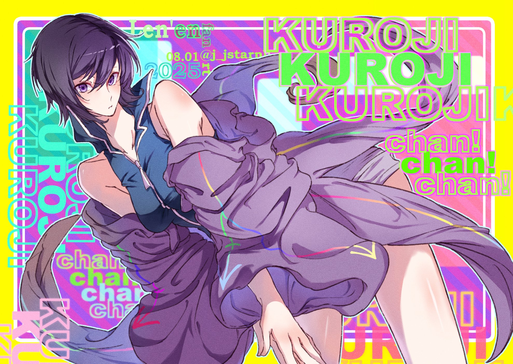 yoni., shitodo kuroji, len'en, highres, 1girl, androgynous, arrow print, bare legs, bare shoulders, black shirt, border, breasts, character name, coattails, collarbone, collared shirt, copyright name, cowboy shot, dated, expressionless, floating clothes, genderswap, genderswap (otf), grey shorts, hair between eyes, high collar, hood, hood down, hooded jacket, jacket, jacket partially removed, leaning forward, light blush, long sleeves, looking at viewer, no headwear, open clothes, open jacket, outline, outside border, own hands together, parted lips, pointy nose, purple background, purple eyes, purple hair, purple jacket, shirt, short hair, short shorts, shorts, small breasts, solo, standing, striped background, twitter username, white outline, wide sleeves, yellow border, zipper, zipper pull tab