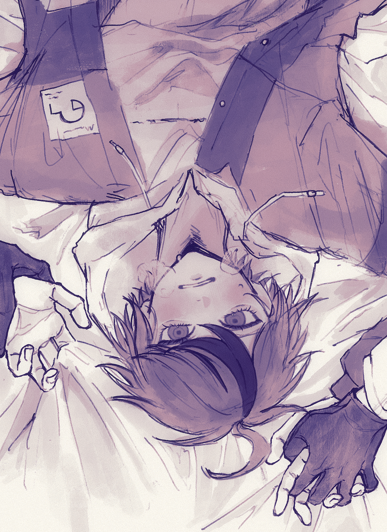 aotsuki eito, sumino takumi, the hundred line -last defense academy-, highres, 2boys, ahoge, bed sheet, blush, breath, greyscale, holding another's wrist, holding hands, hood, hoodie, interlocked fingers, jacket, looking at viewer, male focus, monochrome, multicolored hair, multicolored jacket, multiple boys, open clothes, open jacket, out of frame, s4cre d, sheet grab, short hair, solo focus, streaked hair, two-tone jacket, upside-down, yaoi