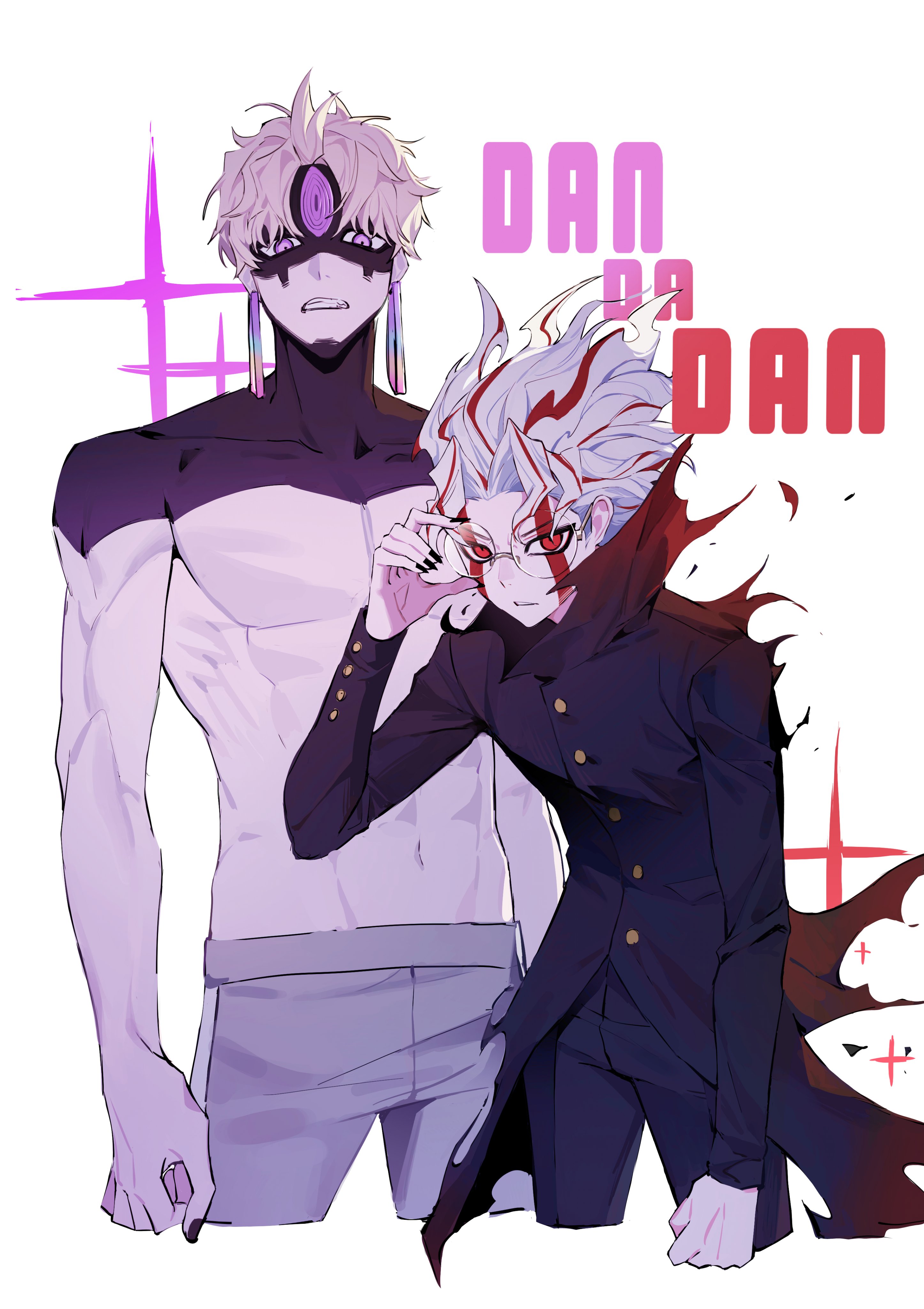 enjoji jin, evil eye (dandadan), takakura ken (dandadan), takakura ken (transformed) (dandadan), dandadan, absurdres, commentary, highres, symbol-only commentary, 00ichigoovo00, 2boys, adjusting eyewear, black jacket, black nails, black pants, copyright name, cowboy shot, cropped legs, earrings, facial mark, gakuran, glasses, grey pants, jacket, jewelry, kami high school uniform, long sleeves, looking at viewer, male focus, multicolored hair, multiple boys, pants, parted lips, possessed, red eyes, red hair, round eyewear, school uniform, short hair, sparkle, third eye, toned, toned male, topless male, transformation, two-tone hair, white background, white hair