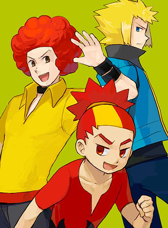 buck (pokemon), flint (pokemon), oba (pokemon), volkner (pokemon), nintendo, pokemon, pokemon dppt, lowres, 00s, 3boys, afro, elite four, gym leader, male focus, multiple boys, oekaki