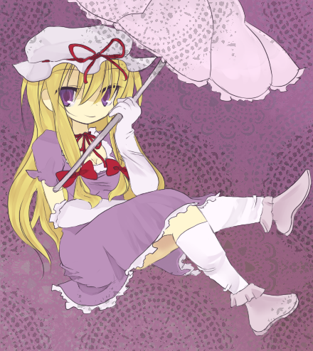 himegimi, yakumo yukari, perfect cherry blossom, touhou, bad id, bad pixiv id, lowres, 1girl, bad anatomy, blonde hair, female focus, poorly drawn, purple eyes, solo, umbrella