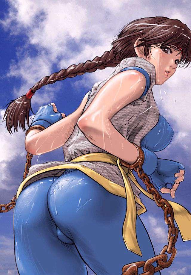 mine (artist), yuri sakazaki, ryuuko no ken, snk, the king of fighters, jpeg artifacts, 1girl, ass, braid, breasts, brown eyes, brown hair, chain, dougi, fingerless gloves, gloves, headband, huge ass, large breasts, long hair, looking back, sash, shiny clothes, single braid, skin tight, solo, spandex, standing, very long hair
