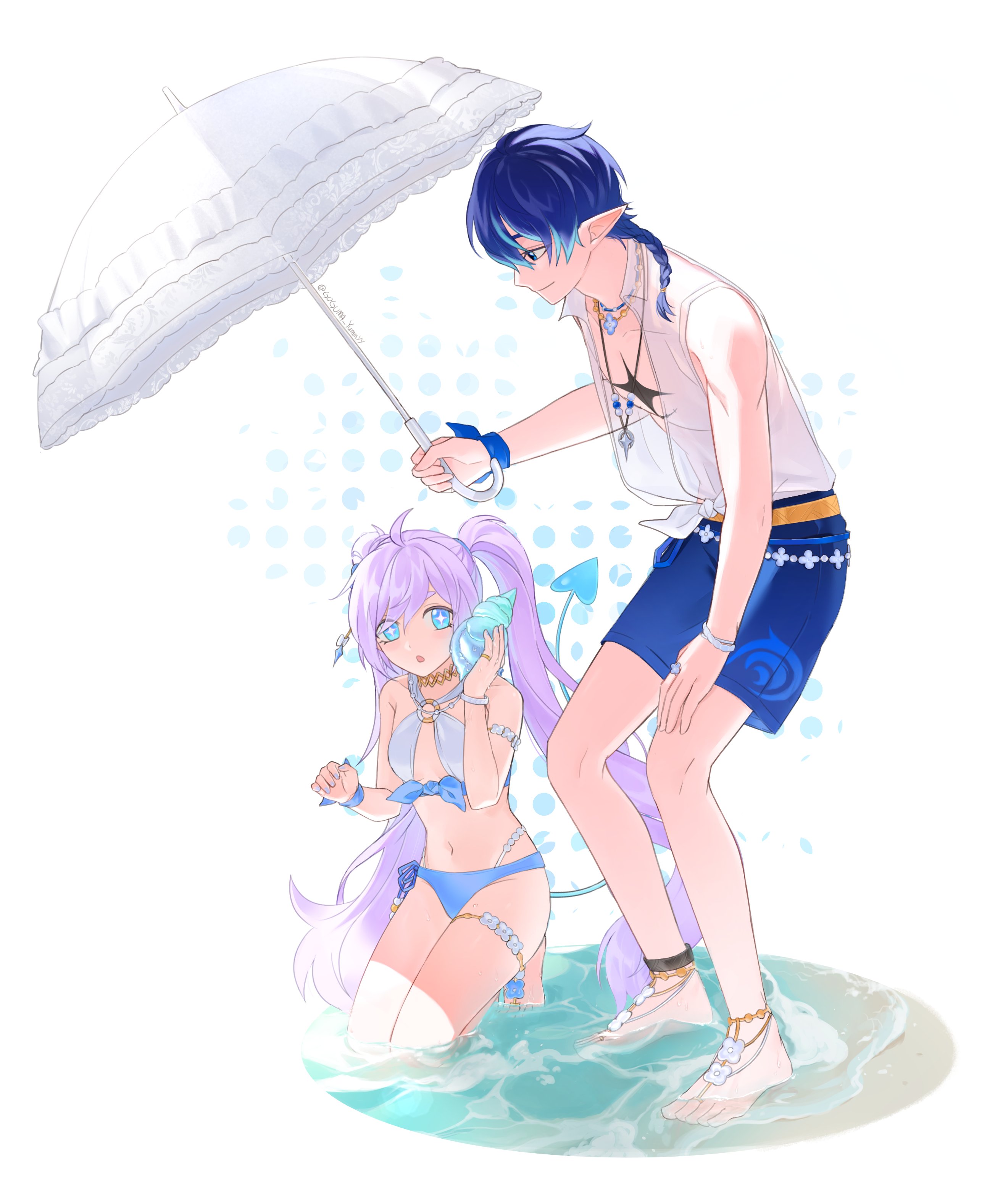 ciel (elsword), luciela r. sourcream, elsword, absurdres, highres, 1boy, 1girl, :o, armband, barefoot, beach, bikini, blue bikini, blue eyes, blue hair, blue nails, blue swim trunks, braid, chest markings, demon tail, frilled umbrella, frills, goguma yummyy, holding, holding seashell, holding umbrella, jewelry, kneeling, kneeling on liquid, leaning forward, long hair, looking at another, male swimwear, multicolored hair, nail polish, necklace, official alternate costume, official alternate hairstyle, parasol, pointy ears, purple hair, seashell, see-through clothes, see-through shirt, shell, shirt, short braid, side-tie bikini bottom, smile, standing, standing on liquid, swimming, swimsuit, symbol-shaped pupils, tail, tied shirt, twintails, umbrella, water, wristband