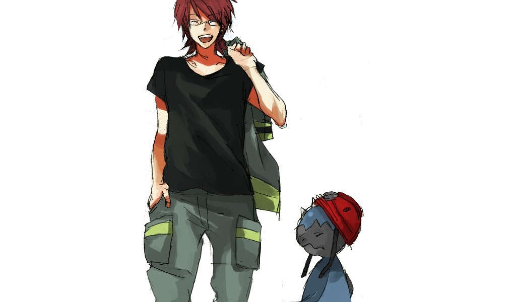 cranidos, roark (pokemon), nintendo, pokemon, pokemon dppt, 00s, 1boy, casual, closed eyes, gen 4 pokemon, glasses, gym leader, hand in pocket, hard hat, helmet, laughing, male focus, pokemon (creature), simple background, smile, white background