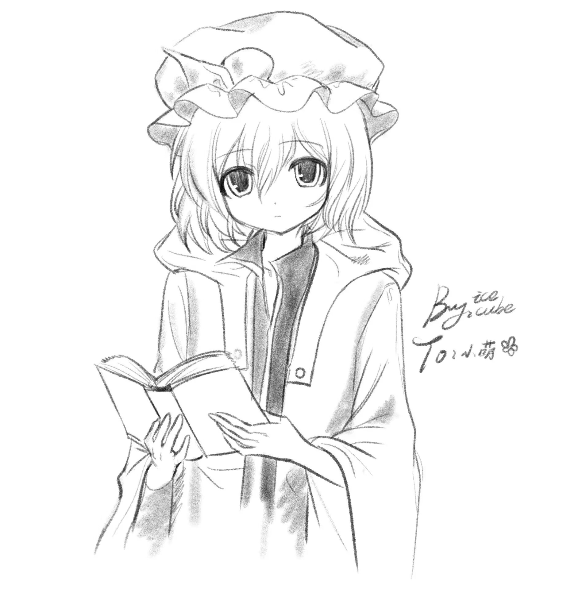 shitodo kuroji, len'en, artist request, commentary, english commentary, highres, second-party source, 1other, androgynous, book, buttons, closed mouth, collared shirt, cropped torso, dot nose, expressionless, frilled headwear, gift art, greyscale, hair between eyes, hat, high collar, holding, holding book, hood, hood down, hooded jacket, jacket, long sleeves, looking at viewer, mob cap, monochrome, open book, open clothes, open jacket, other focus, shirt, short hair, signature, simple background, solo, tareme, white background, wide sleeves
