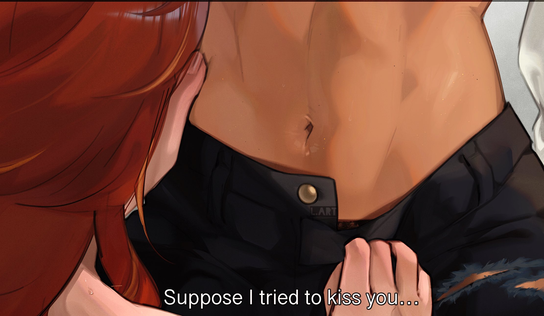 lart art1, mavuika (genshin impact), xilonen (genshin impact), genshin impact, highres, 2girls, dark-skinned female, dark skin, denim, earrings, english text, jeans, jewelry, long hair, multicolored hair, multiple girls, navel, pants, red hair, streaked hair, toned, torn clothes, torn jeans, torn pants, undressing, yuri