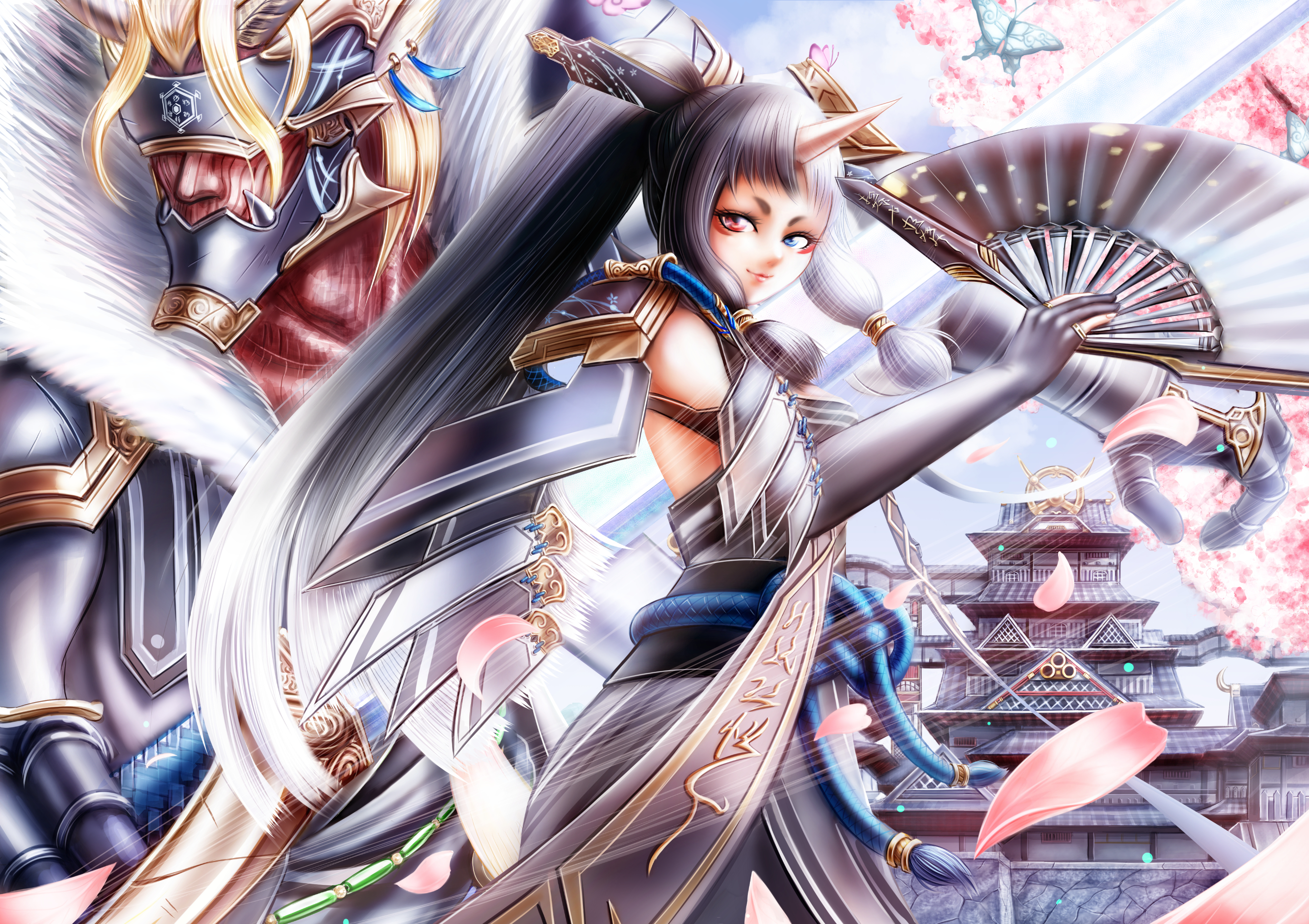 sushi (sashimise), kotoshiro, sukunahime, phantasy star, phantasy star online 2, highres, 1boy, 1girl, arm guards, armor, bare shoulders, belt, black gloves, black hair, black sash, blonde hair, blue belt, blue eyes, blue sky, breasts, bug, butterfly, cherry blossoms, facial mark, falling petals, fur collar, gloves, hand fan, heterochromia, high ponytail, hikimayu, holding, holding fan, holding sword, holding weapon, horns, huge weapon, insect, japanese armor, japanese clothes, katana, kimono, light rays, long hair, makeup, medium breasts, menpoo, multicolored hair, outdoors, pagoda, partially fingerless gloves, petals, ponytail, red eyes, rope belt, sash, sheath, sidelocks, single horn, sky, smile, sunbeam, sunlight, sword, two-tone hair, unsheathing, very long hair, weapon, white hair