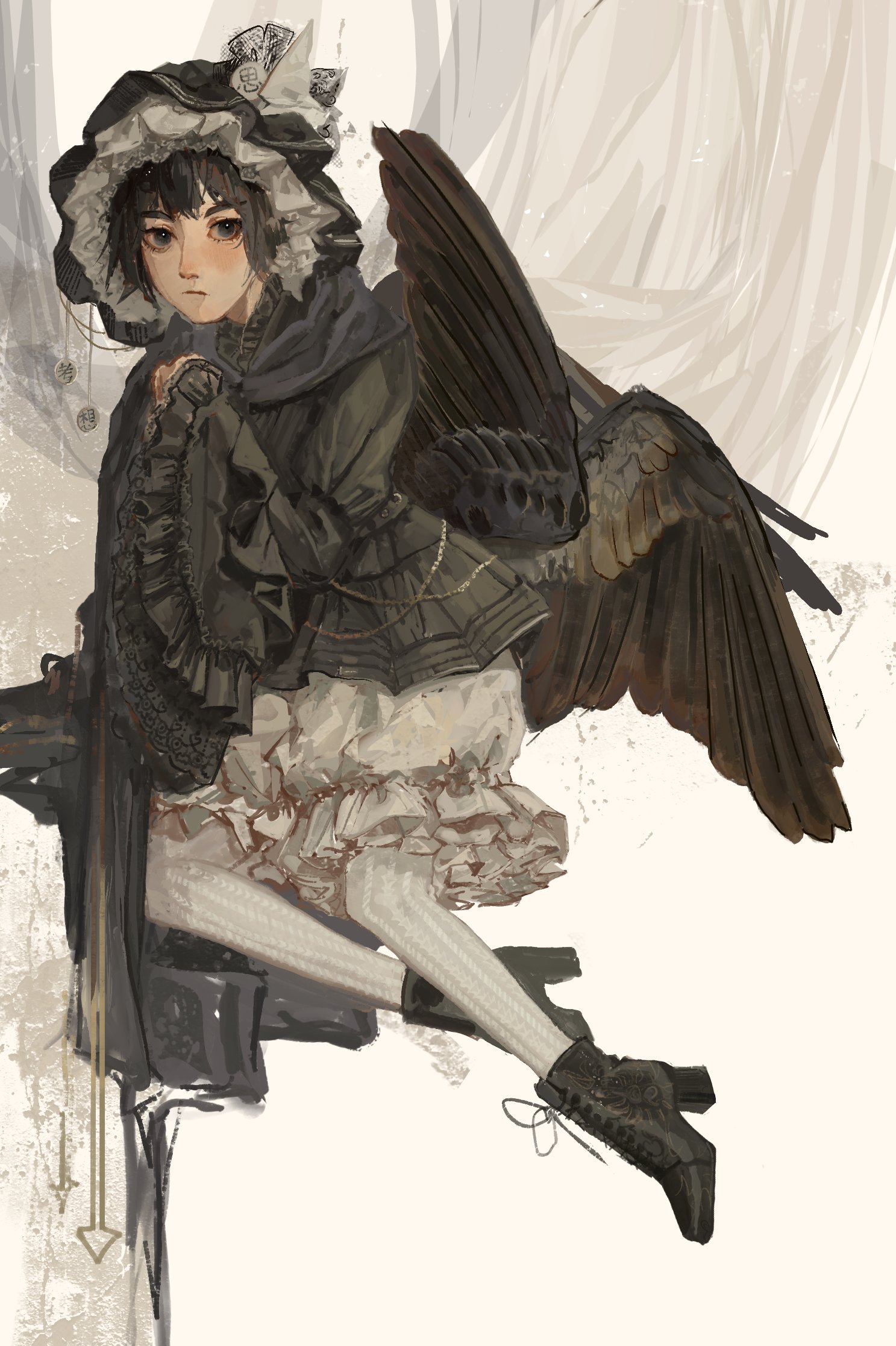hatsburg, shitodo kuroji, len'en, highres, 1other, adapted costume, androgynous, bird wings, black boots, black hair, black hat, black shirt, black wings, boots, closed mouth, collared shirt, curtains, detached hood, feathered wings, frilled headwear, frilled shirt, frilled shorts, frilled sleeves, frills, full body, gothic lolita, grey eyes, hat, high heel boots, high heels, hood, hood down, juliet sleeves, lace-up boots, light blush, light frown, lips, lolita fashion, long sleeves, looking at viewer, mob cap, multiple wings, nostrils, other focus, own hands together, pantyhose, puffy shorts, puffy sleeves, purple hood, shirt, short hair, shorts, sitting, sleeves past wrists, solo, striped clothes, triangular headpiece, vertical-striped clothes, white background, white pantyhose, white shorts, wide sleeves, wings, yokozuwari