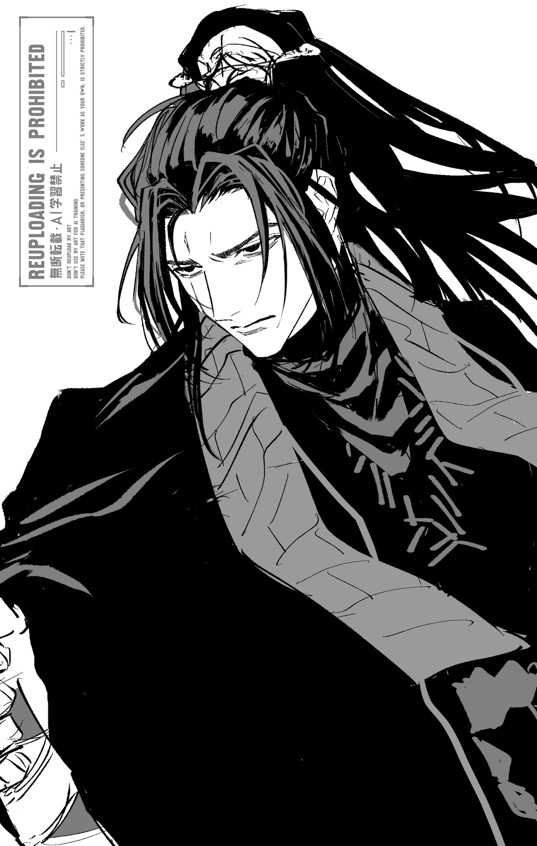 jia qiu (project moon), limbus company, project moon, absurdres, highres, 1boy, closed mouth, coat, greyscale, hair intakes, half updo, long hair, long sleeves, male focus, monochrome, pnduyr, sidelocks, simple background, solo, very long hair