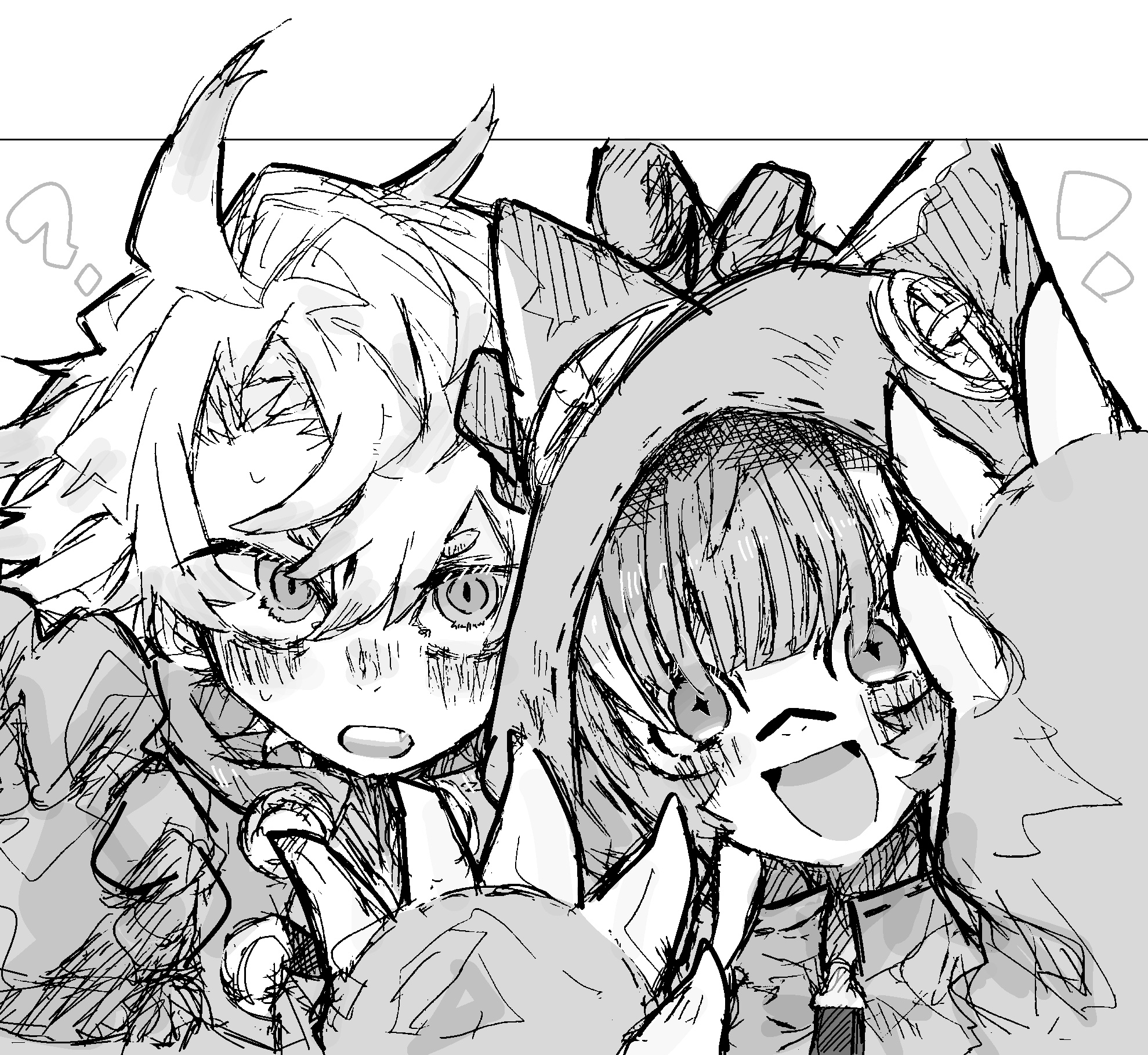 rudo surebrec, gachiakuta, highres, 1boy, 1girl, ?, ahoge, blush, claws, cosplay, greyscale, guita hebby fantasia, kigurumi, kkk yomu, looking at viewer, monochrome, multicolored hair, open mouth, parted bangs, paw sleeves, ringed eyes, short hair, sidelocks, simple background, smile, streaked hair