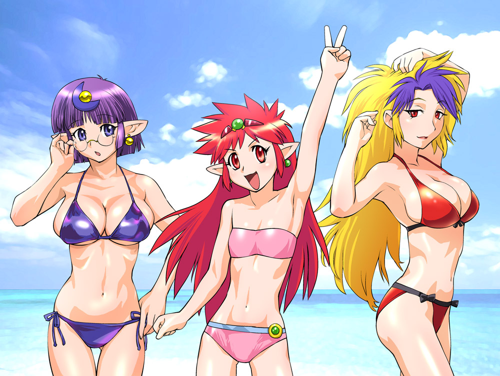 ueyama michirou, arara cocoa, arara milk, leska (arara cafe au lait), ng knight lamune & 40, 1990s (style), 3girls, :o, adjusting eyewear, arm up, armpits, bandeau, beach, bikini, blonde hair, blue eyes, blue sky, blunt bangs, blush, bob cut, bow, bow bikini, breasts, bursting breasts, chestnut mouth, cleavage, clenched hand, cloud, colored bangs, cowboy shot, crescent, crescent hair ornament, day, earrings, flat chest, gem, glasses, hair ornament, hand on own head, hand on own hip, huge breasts, jewelry, large breasts, lineup, lipstick, long hair, looking at viewer, looking back, makeup, multicolored hair, multiple girls, narrow waist, ocean, open mouth, outdoors, pink bikini, pinky out, pointy ears, profile, purple bikini, purple hair, red bikini, red eyes, red hair, retro artstyle, rimless eyewear, round eyewear, shiny clothes, short hair, side-tie bikini bottom, sideboob, sidelocks, skindentation, sky, smile, spiked hair, standing, string bikini, swimsuit, two-tone hair, underboob, v, very long hair, water, wide hips