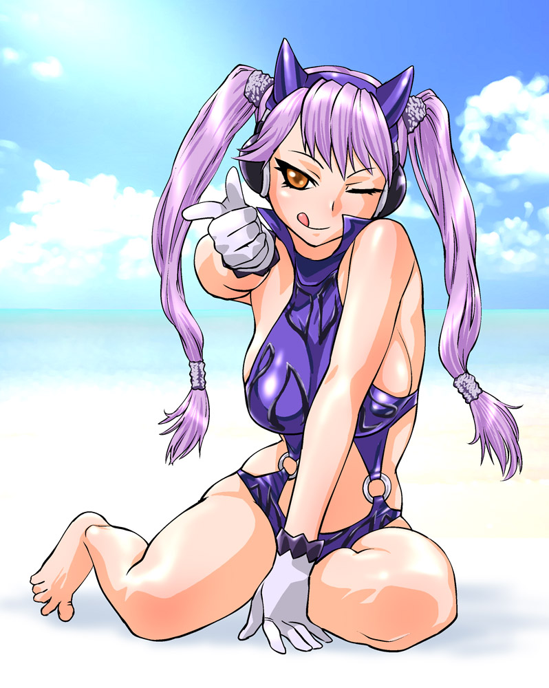 ueyama michirou, kamen rider den-o, ryutaros, kamen rider, kamen rider den-o (series), 1girl, :p, :q, ;p, ;q, barefoot, beach, between legs, breasts, casual one-piece swimsuit, cloud, day, female focus, finger gun, genderswap, genderswap (mtf), gloves, horns, large breasts, long hair, ocean, one-piece swimsuit, one eye closed, outdoors, popped collar, purple hair, ryuutaros, sideboob, sitting, solo, swimsuit, tongue, tongue out, twintails, wink, yokozuwari