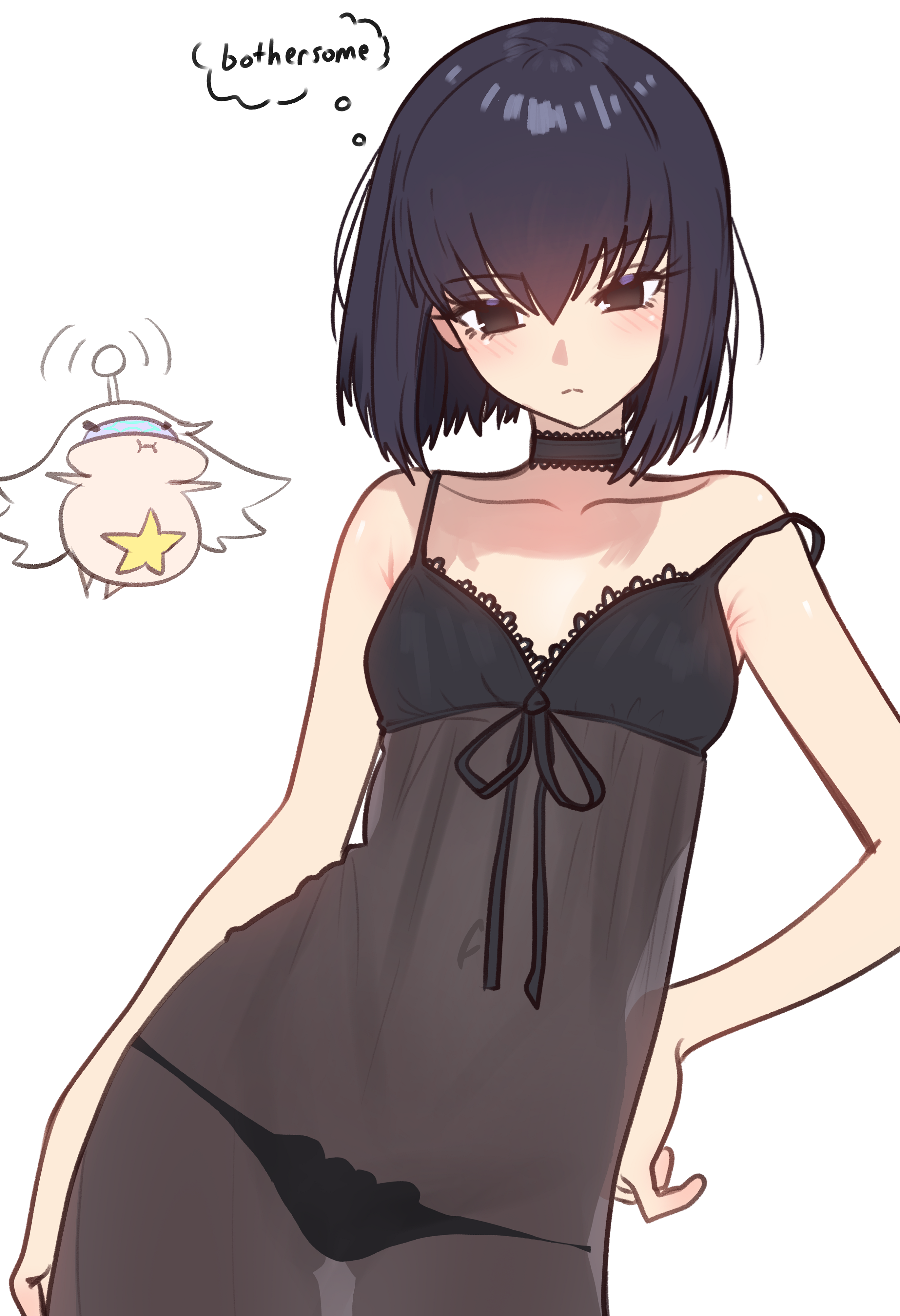 ebora, kuonji alice, melusine (fate), fate/grand order, fate (series), mahou tsukai no yoru, absurdres, bad link, highres, 2girls, babydoll, bare shoulders, black babydoll, black eyes, black hair, blush, breasts, chibi, choker, covered navel, english text, lace trim, looking at viewer, multiple girls, panties, short hair, small breasts, speech bubble, thought bubble, underwear