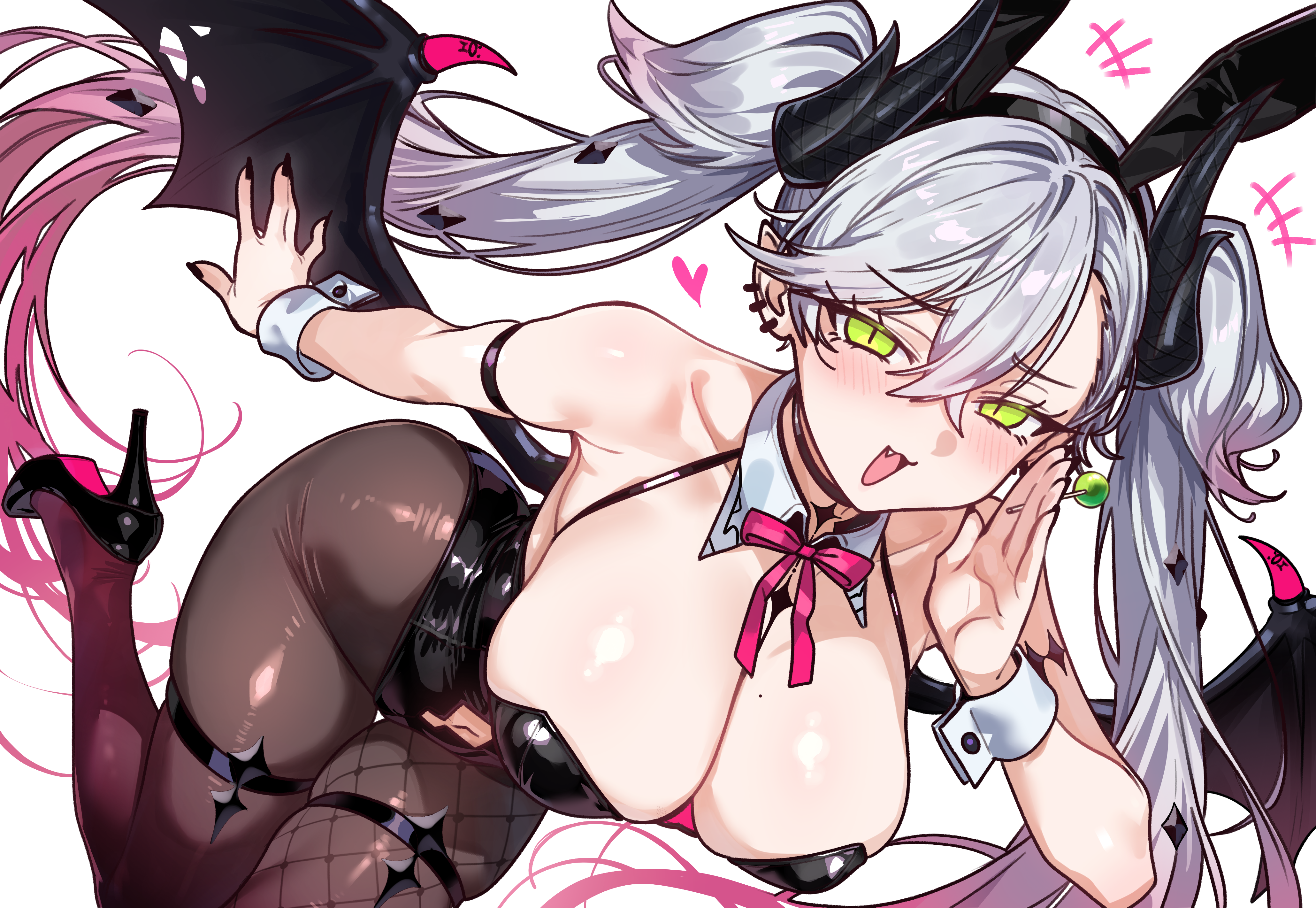 ebora, lilith (fate), fate/grand order, fate (series), absurdres, bad link, highres, 1girl, animal ears, bare shoulders, black leotard, blush, body markings, bow, bowtie, breasts, brown pantyhose, candy, choker, cleavage, clothing cutout, crossed bangs, demon girl, demon horns, demon wings, detached collar, ear piercing, fake animal ears, food, green eyes, grey hair, hair between eyes, high heels, highleg, highleg leotard, horns, large breasts, leotard, lollipop, long hair, looking at viewer, navel, navel cutout, open mouth, pantyhose, piercing, playboy bunny, pointy ears, rabbit ears, smile, solo, thighs, twintails, very long hair, wings, wrist cuffs