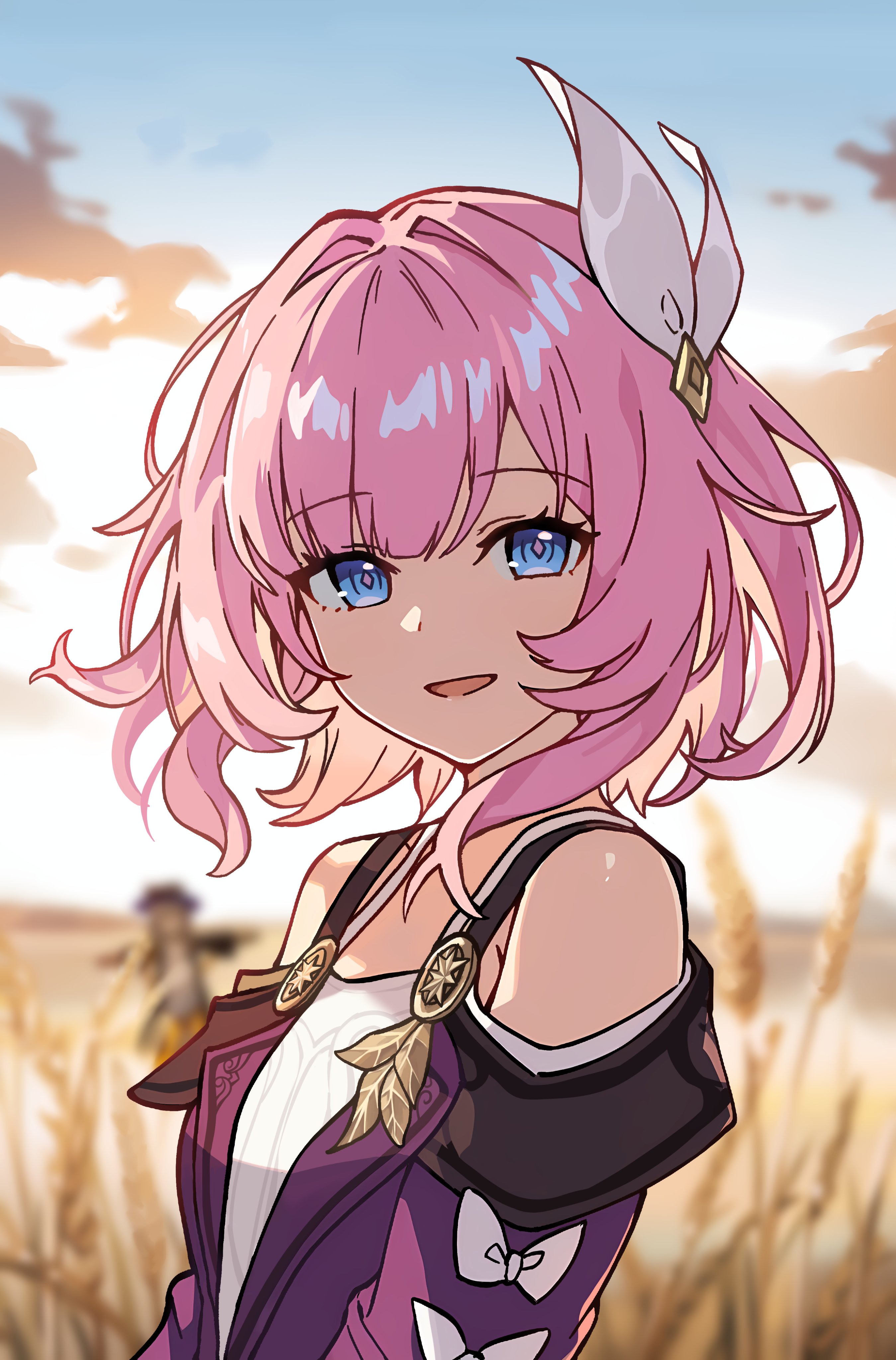 admiralkeyes, cyrene (honkai: star rail), trailblazer (honkai: star rail), honkai: star rail, honkai (series), absurdres, commentary, english commentary, highres, 1girl, bare shoulders, blue eyes, blue sky, breasts, coat, dress, hair ornament, looking at viewer, outdoors, pink hair, purple coat, scarecrow, short hair, sky, small breasts, smile, solo, wheat, wheat field, white dress