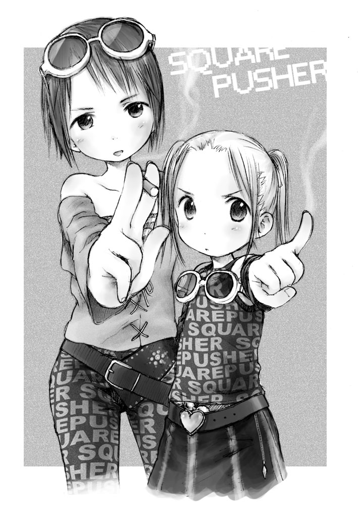 barasui, itou nobue, matsuoka miu, ichigo mashimaro, 2girls, bare shoulders, child, cigarette, glasses, greyscale, monochrome, multiple girls, short hair, standing, twintails