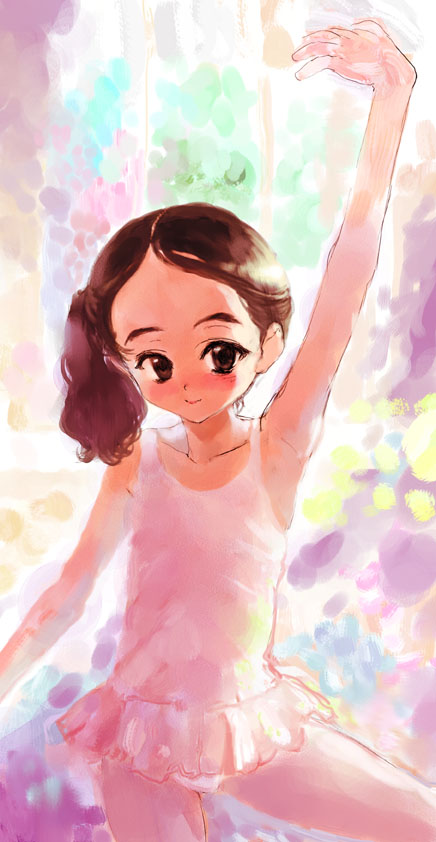 sasahara yuuki, armpits, ballerina, blush, brown eyes, brown hair, camisole, collarbone, flat chest, leotard, panties, pantyhose, side ponytail, smile, solo, underwear