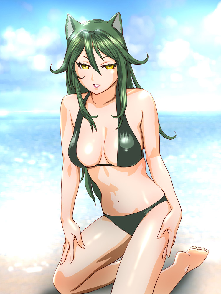 ueyama michirou, original, 1girl, animal ears, barefoot, beach, bikini, black bikini, breasts, cleavage, cloud, day, feet, female focus, green hair, kneeling, large breasts, lipstick, long hair, makeup, ocean, outdoors, sky, smile, soles, solo, swimsuit, water, yellow eyes