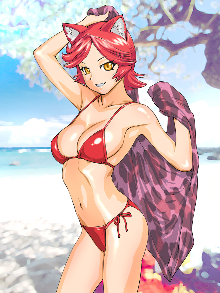 ueyama michirou, original, 1girl, animal ears, armpits, beach, bikini, day, female focus, ocean, outdoors, red bikini, red hair, side-tie bikini bottom, solo, swimsuit, yellow eyes